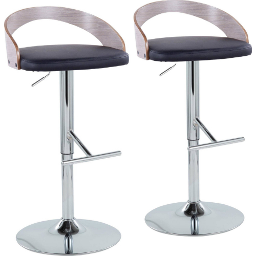 Grotto Adjustable Height Swivel Bar Stool in Chrome, Light Grey Wood & Black Leatherette (Set of 2)